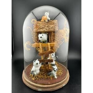 Vintage Kitschy Ceramic Animals in a Treehouse Diorama Terrarium